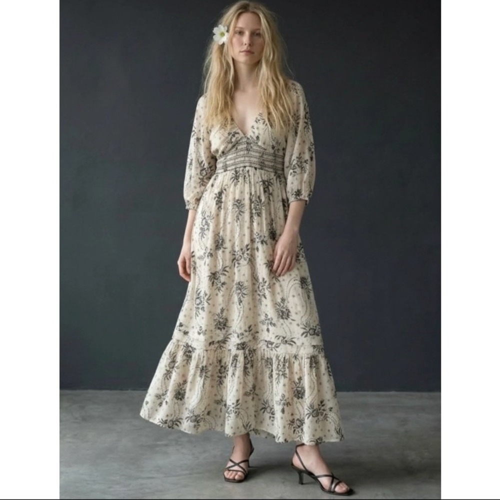 Free People Golden Hour Floral Boho Maxi Dress Ivory Black XL - Picture 1 of 12